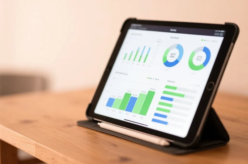 A modern tablet displaying generic sports performance charts and data visualizations on a wooden desk, soft studio lighting